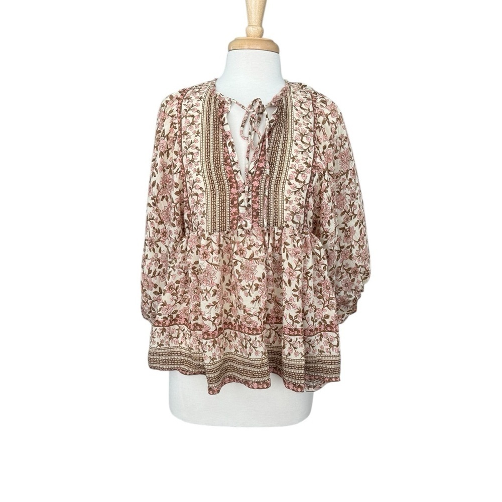 By the River Tan and Brown Relaxed Blouse with Tie Front and Mandarin Collar M